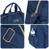 Nappy Diaper Backpack showing exterior design, straps, gold zipper, and side bottle pocket for convenient travel.