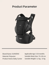 Sunveno Baby Carrier product parameters including material, age suitability, and weight capacity.