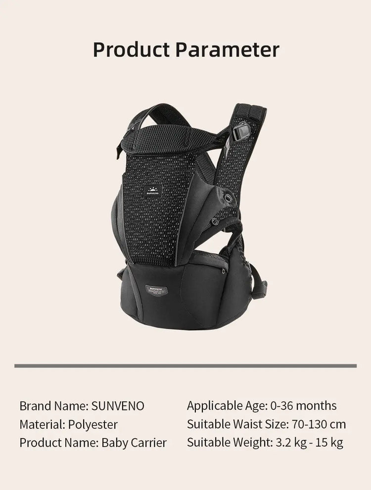 Sunveno Baby Carrier product parameters including material, age suitability, and weight capacity.
