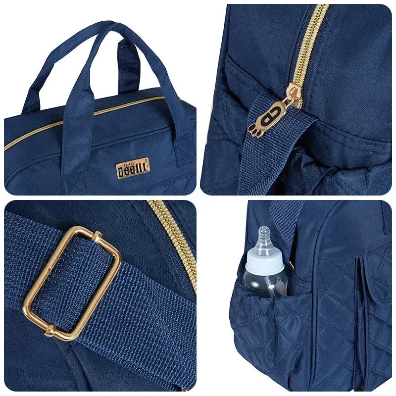 Nappy Diaper Backpack showing exterior design, straps, gold zipper, and side bottle pocket for convenient travel.